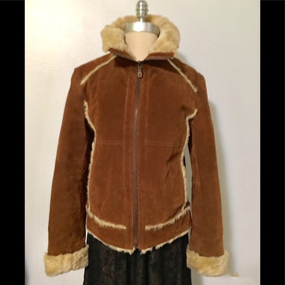 Wilson Leather Brown suede jacket fur collar sz. s